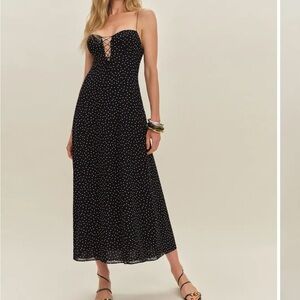 Reformation Black Strapless Polka Dot Dress